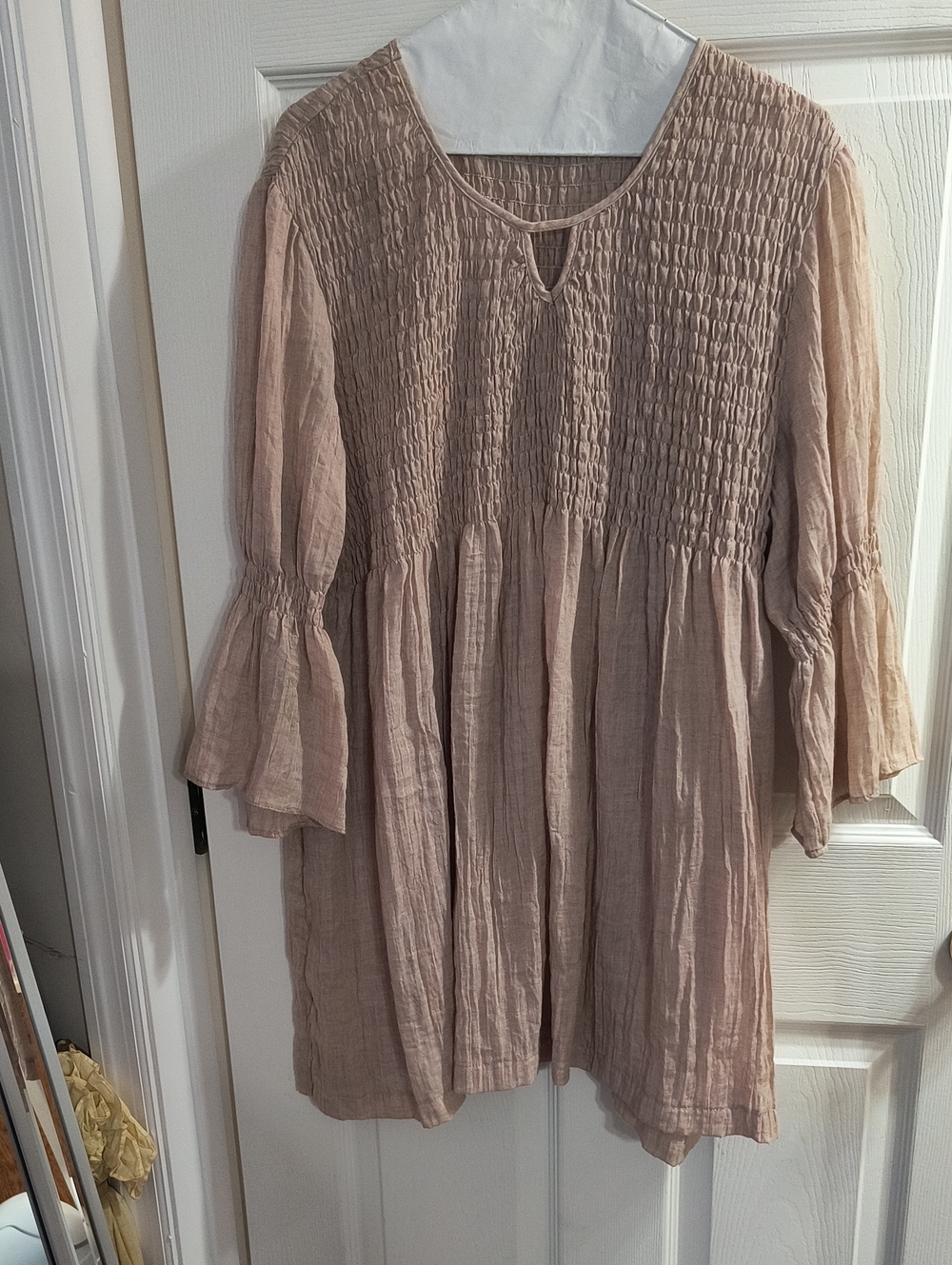 ODDY Taupe Smocked Peasant Tunic Top